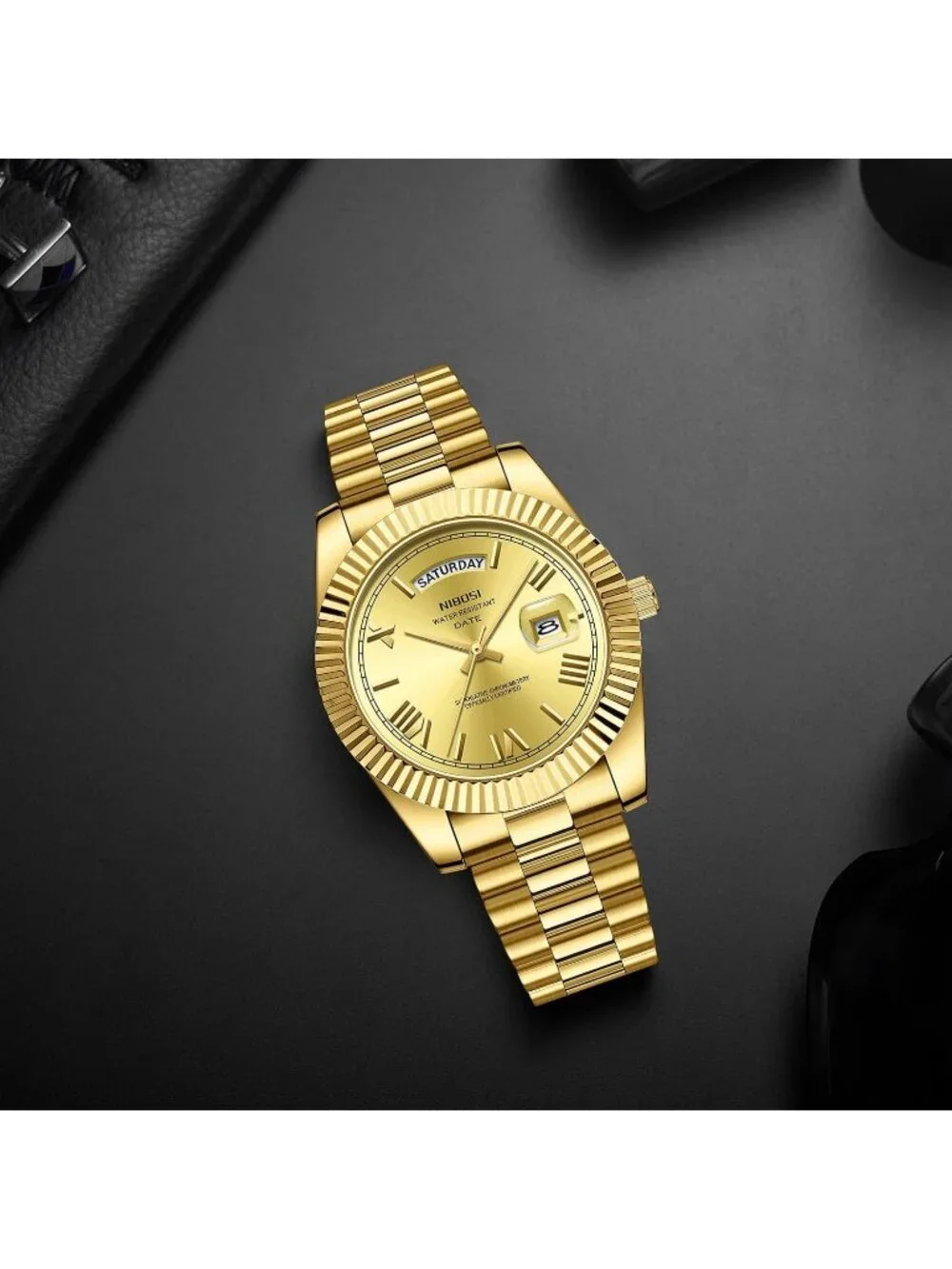 Nibosi Men's Gold Analog Quartz Stainless Steel Waterproof Desiger Wrist Watch